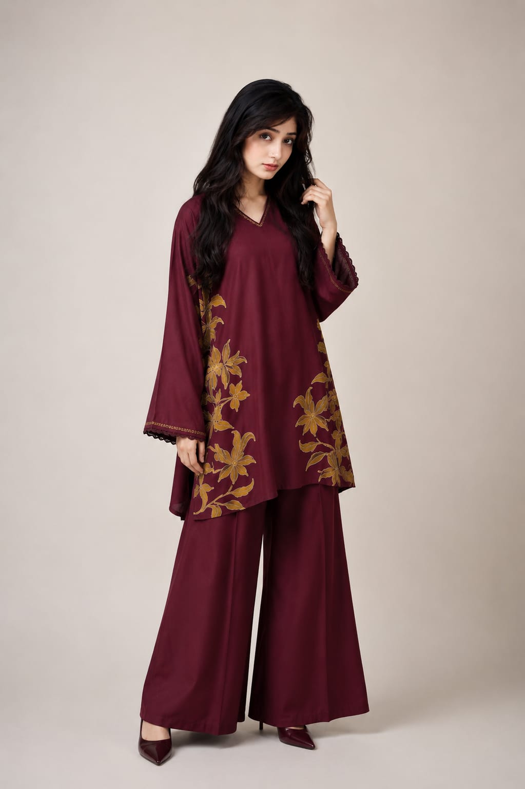 Elegant Maroon Floral Co-Ord Set