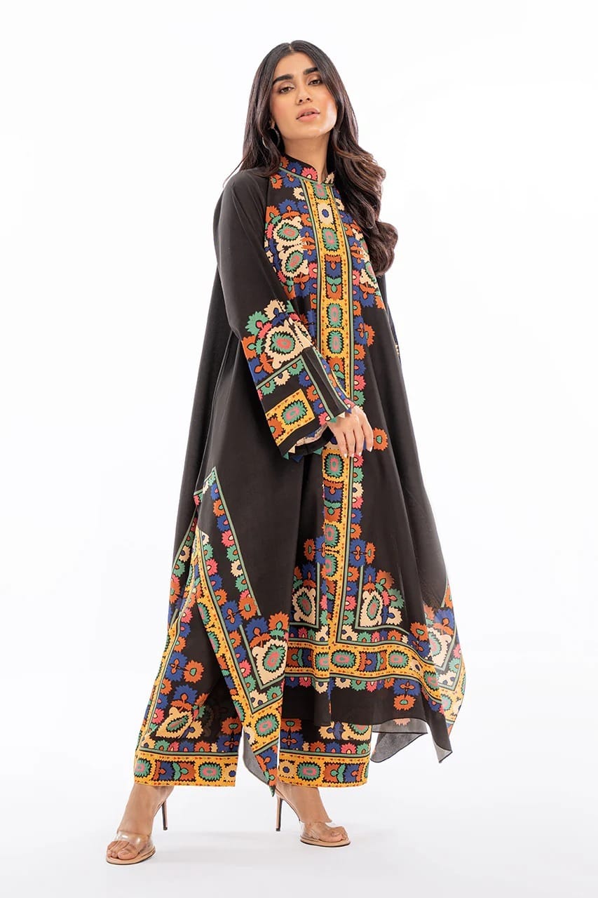 Digital Print Black Floral Elegant Long Shirt – 3 Piece